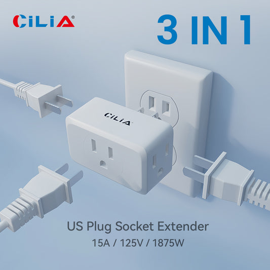 US Plug Outlet Extender, Wall Adapter, White, Compact and Portable, 3 AC Outlets, Suitable for Travel, Home, Office, Dorm