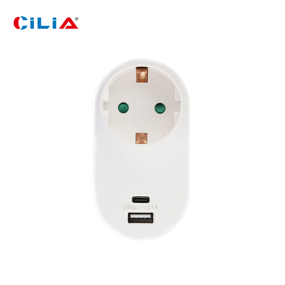 CILIA Schuko Multi Outlet Extender, Socket Adapter, Wall Plug with 1 USB and Type-C Port, 2 Hole, 1PC