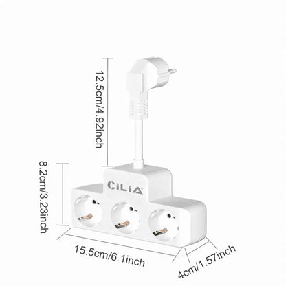 EU Power Strip adapter,2 pin plug to 3 schuko socket , Black/White, 10cm Extension Cord, Compact and Portable, for Home/office