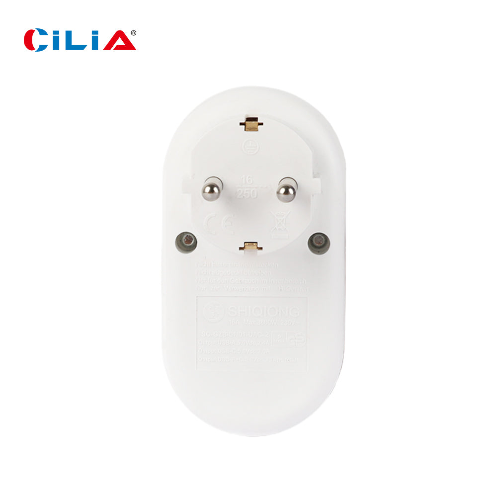 CILIA Schuko Multi Outlet Extender, Socket Adapter, Wall Plug with 1 USB and Type-C Port, 2 Hole, 1PC