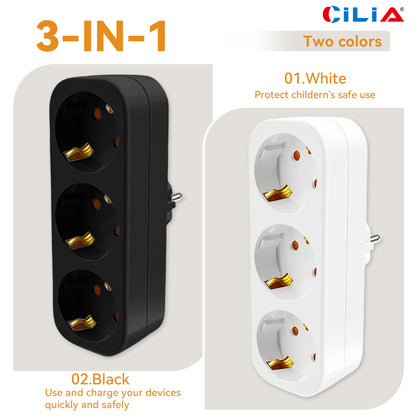 Cilia-EU Multi Plug for Home, Wall Socket, Multipresa Elettrica, 3 in 1,3680W,250V,16A,White,Schuko, Universal, 1 Pc