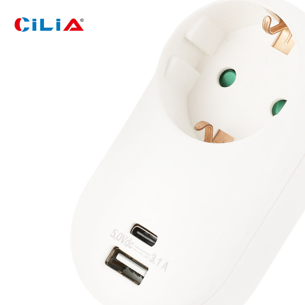 CILIA Schuko Multi Outlet Extender, Socket Adapter, Wall Plug with 1 USB and Type-C Port, 2 Hole, 1PC