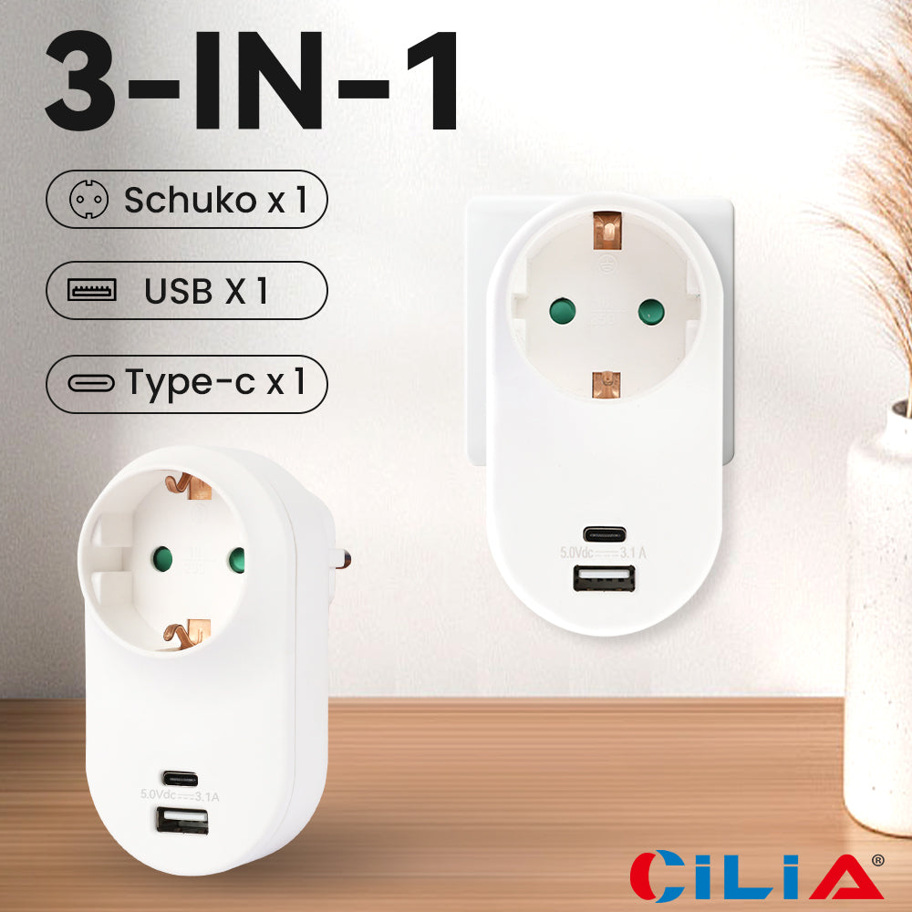 CILIA Schuko Multi Outlet Extender, Socket Adapter, Wall Plug with 1 USB and Type-C Port, 2 Hole, 1PC