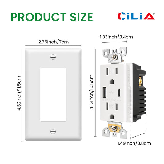 Multi-Functional US Power Outlet with 2 AC sockets,a Type-C port, and a USB charging port, and a PVC pure white panel