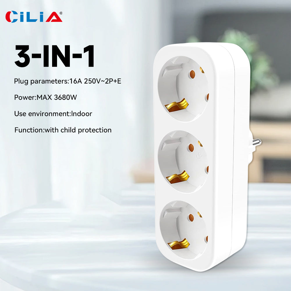 Cilia-EU Multi Plug for Home, Wall Socket, Multipresa Elettrica, 3 in 1,3680W,250V,16A,White,Schuko, Universal, 1 Pc