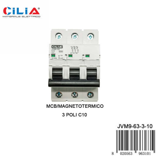 CILIA circuit breaker, 3 modules, DIN connection (universal for any switchboard on the market), 3P poles, 10 amps, breaking capacity 6kA, voltage 400 Vac, C curve .