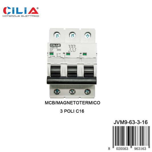 CILIA circuit breaker, 3 modules, DIN connection (universal for any switchboard on the market), 3P poles, 16 amps, breaking capacity 6kA, voltage 400 Vac, C curve