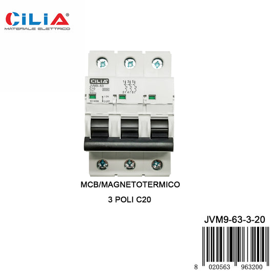 CILIA circuit breaker, 3 modules, DIN connection (universal for any switchboard on the market), 3P poles, 20 amps, breaking capacity 6kA, voltage 400 Vac, C curve