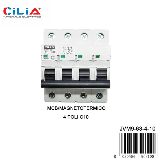 CILIA circuit breaker, 4 modules, DIN connection (universal for any switchboard on the market), 4P poles, 10 Amps, breaking capacity 6kA, voltage 400 Vac, C curve.