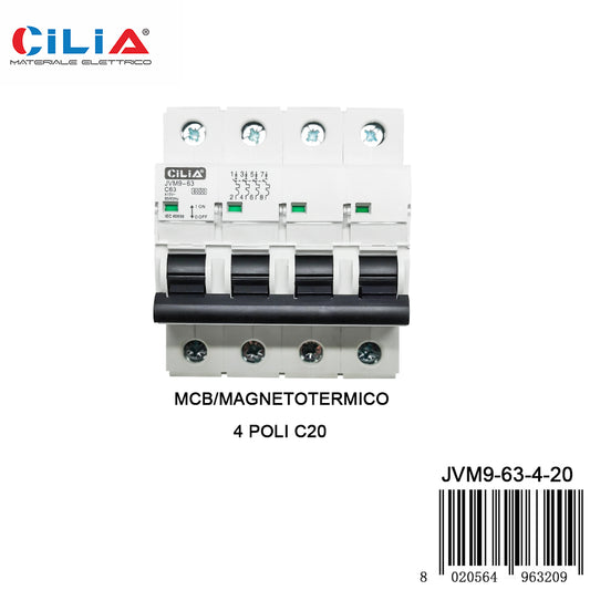 CILIA circuit breaker, 4 modules, DIN connection (universal for any switchboard on the market), 4P poles, 20 Amps, breaking capacity 6kA, voltage 400 Vac, C curve