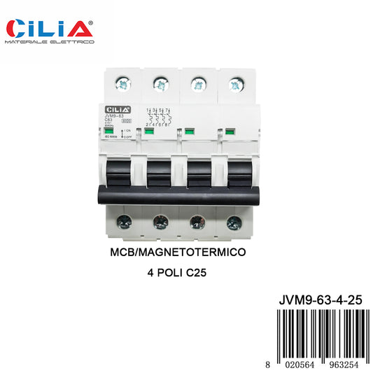 CILIA circuit breaker, 4 modules, DIN connection (universal for any switchboard on the market), 4P poles, 25 Amps, breaking capacity 6kA, voltage 400 Vac, C curve