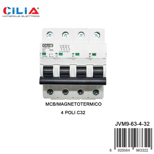 CILIA circuit breaker, 4 modules, DIN connection (universal for any switchboard on the market), 4P poles, 32 Amps, breaking capacity 6kA, voltage 400 Vac, C curve