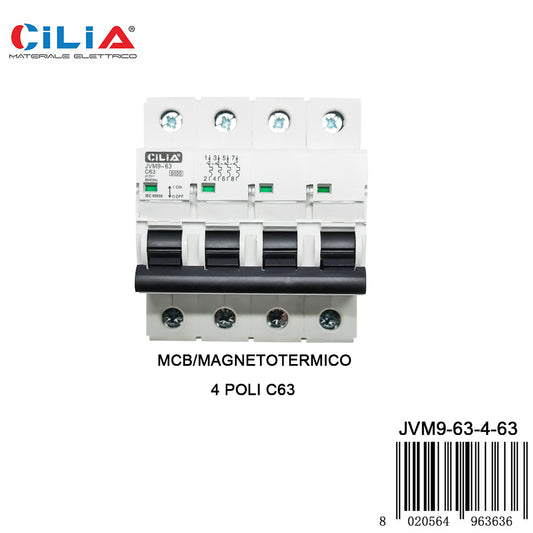 CILIA circuit breaker, 4 modules, DIN connection (universal for any switchboard on the market), 4P poles, 63 Amps, breaking capacity 6kA, voltage 400 Vac, C curve