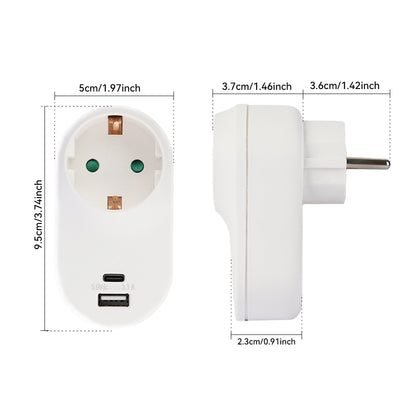 CILIA Schuko Multi Outlet Extender, Socket Adapter, Wall Plug with 1 USB and Type-C Port, 2 Hole, 1PC